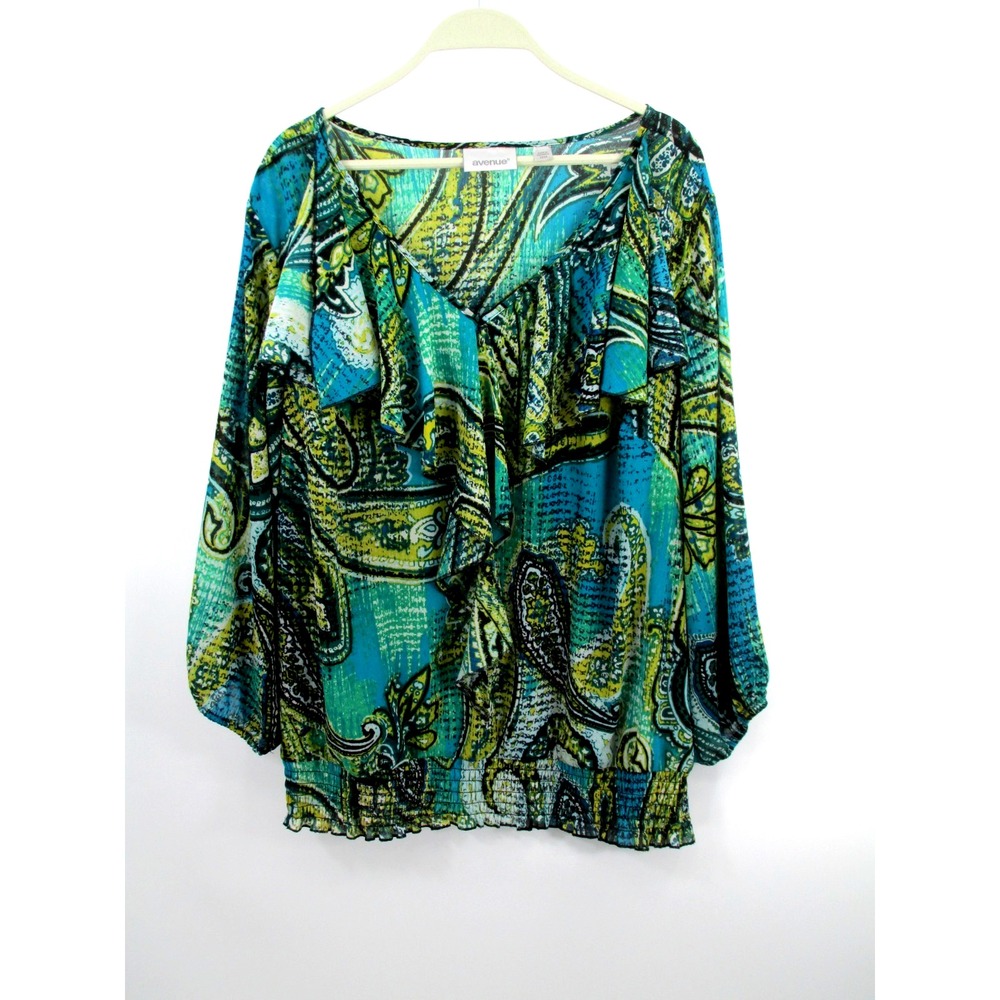 AVENUE Blue Paisley Ruffle V-Neck Blouse Women Plus 22/24 Smocked Hem Top